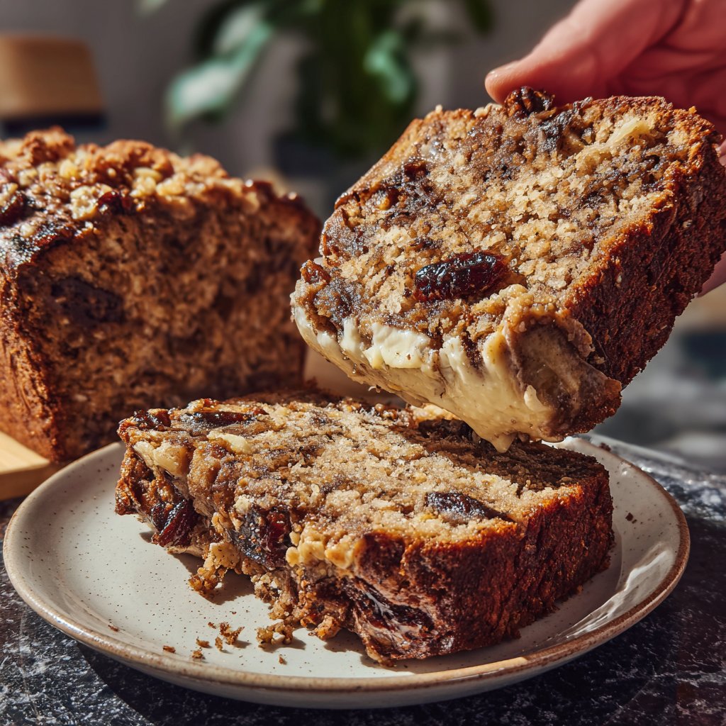 Bananenbrot mit Mandelmus und Datteln