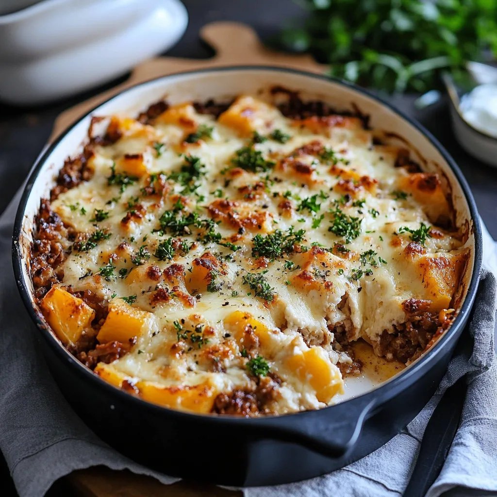 Süßkartoffel-Hackfleisch-Auflauf mit Feta