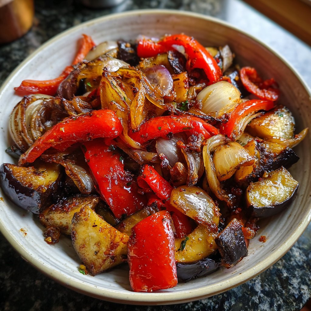 Auberginenpfanne mit Paprika und Zwiebeln
