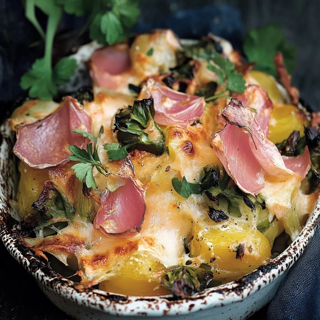 Kartoffel-Rosenkohl-Auflauf mit Speck